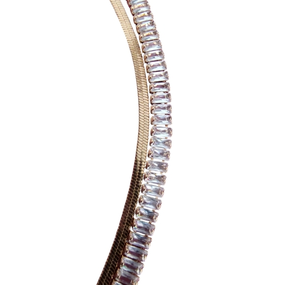 Elegant Gold Plated Double Chain Necklace with Sparkling Baguette Crystals - Picture 6 of 8